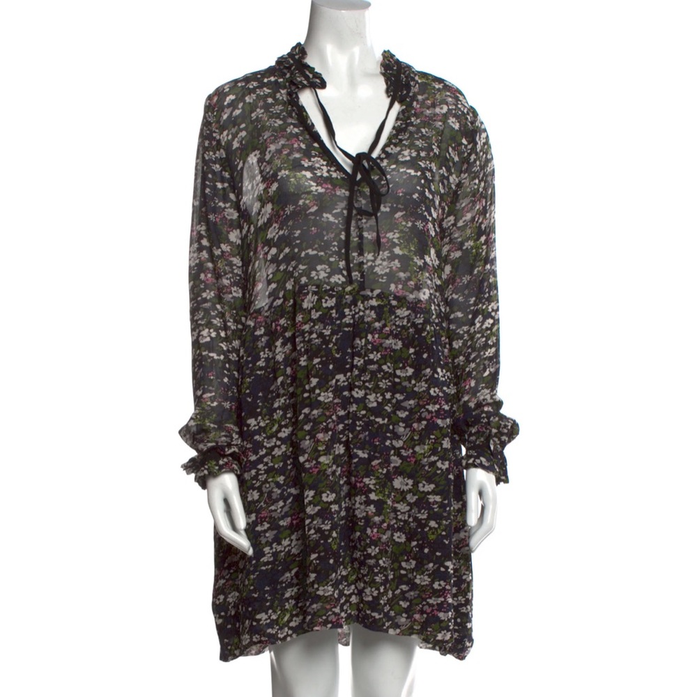 GANNI Black Sheer Flower Print Mini Dress